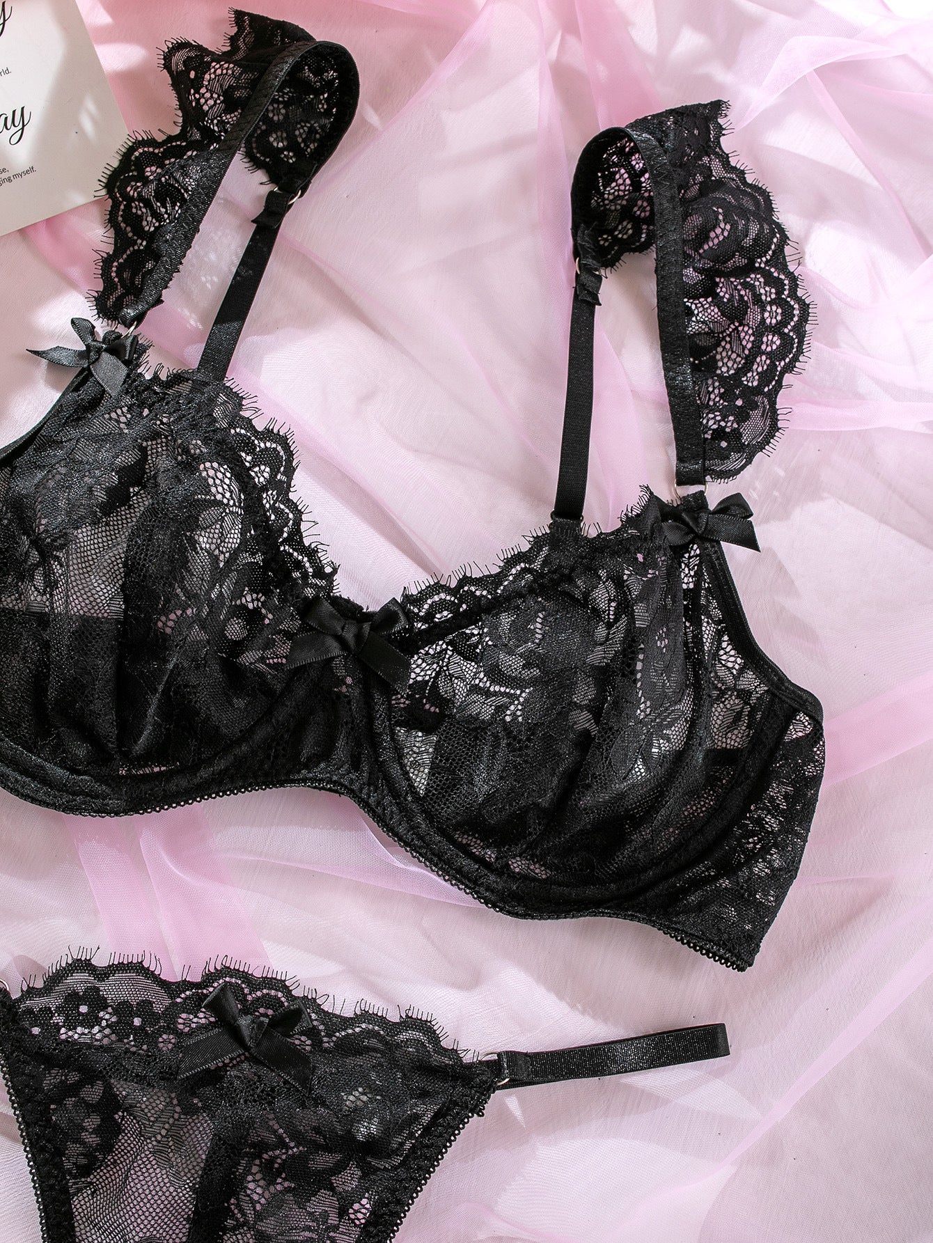 Lace Ruffle-Cuffed Sleeve Bow-Trim Sexy Lingerie Set For Women