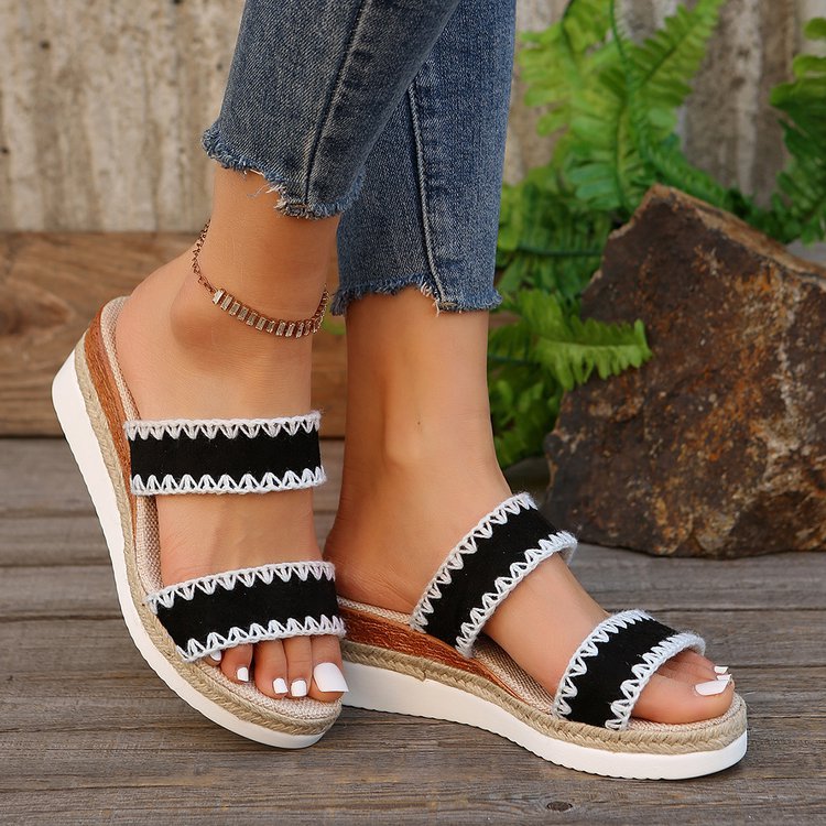 New Hemp Rope Woven Wedge Slippers Summer Ethnic Style Sandals Double Wide Strappy Shoes For Women