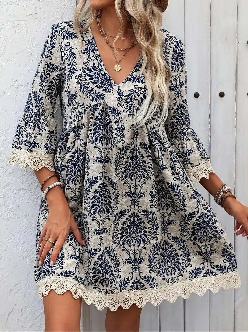 Bohemian Style V-neck Printed Dress Fashion Casual Loose Beach Dresses For Women