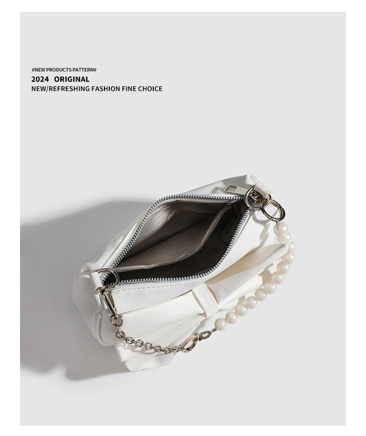 Black White PU Bow Handbags Autumn Winter Ladies Underarm Tote Bags Fashion Simple Pearl Chain Shoulder Bag Small Purse