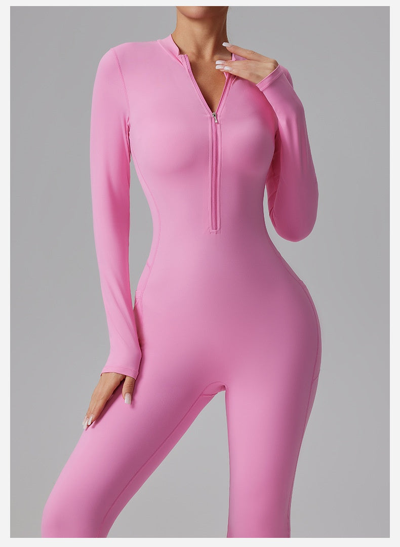 Slim-fit Bare-feel Long-sleeve Yoga Jumpsuit With A Zipper