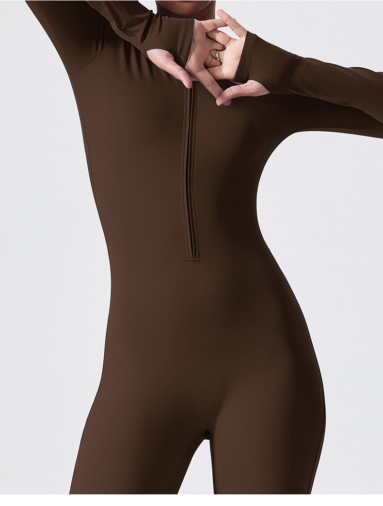 Long Sleeve Outdoor Sports Jumpsuit Workout Clothes Zipper Training Skinny Hip Raise Yoga Clothes