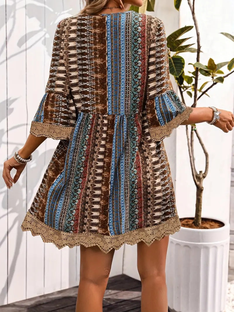 Bohemian Style V-neck Printed Dress Fashion Casual Loose Beach Dresses For Women
