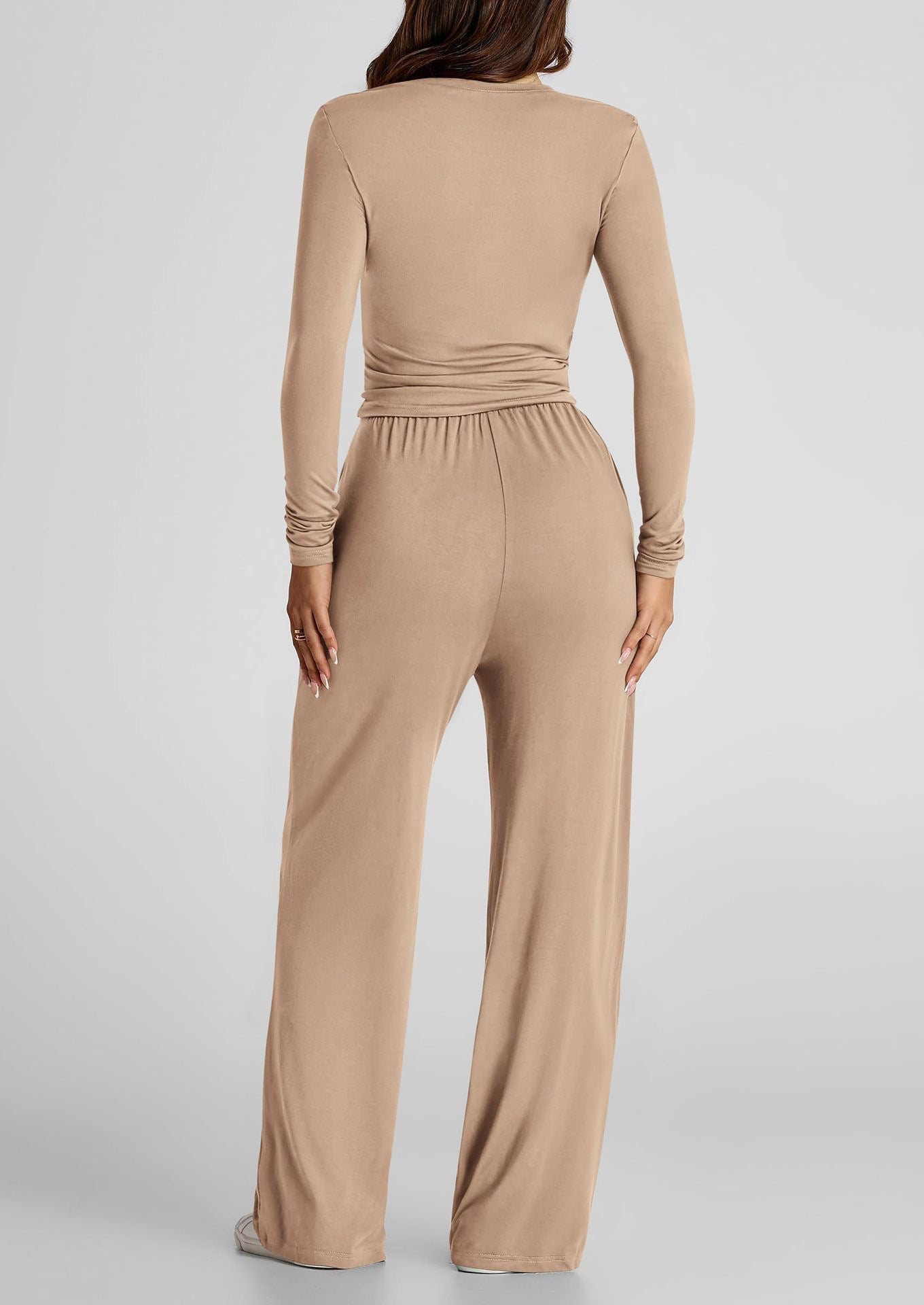 2 Pieces Women's Suit Autumn Winte Long Sleeve Tops High Waisted Wide Leg Pants Sportswear Female Clothes Solid Color Casual Suit