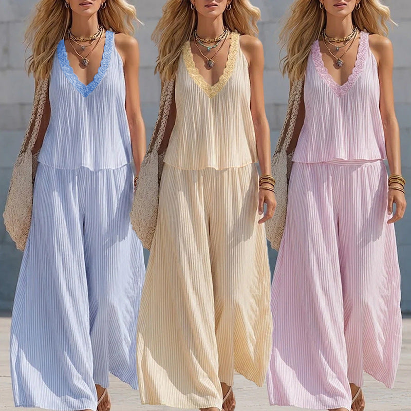 Lace V-neck Pleated Striped Loose-fitting Slimming Wide-leg Pants Set