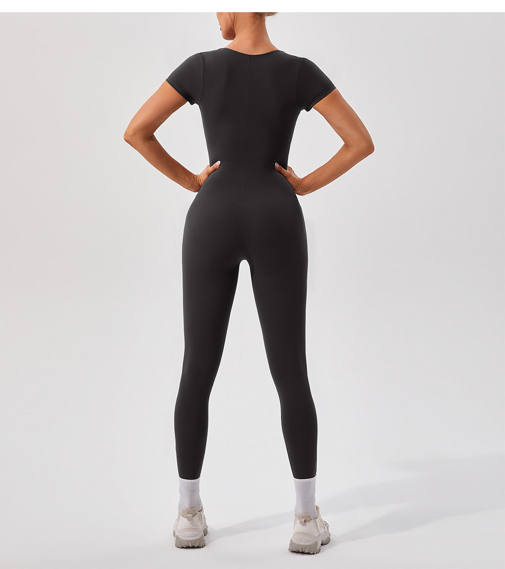 European And American Sexy Nude Feel Short Sleeve Yoga Jumpsuit