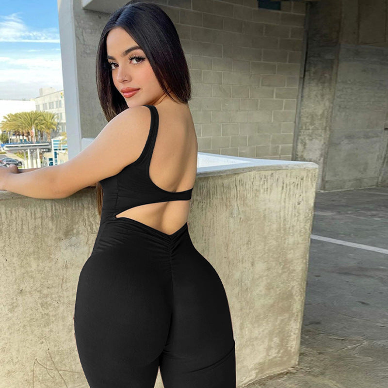Women's Solid Color Slim Fit Backless Sleeveless Shoulder Strap Jumpsuit