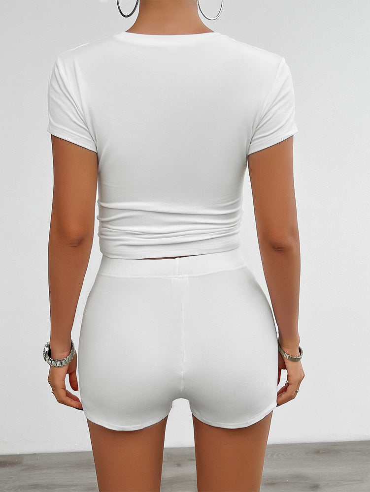 Solid Color Slim Sports Suit Summer 2Pcs Short-sleeved Round Neck T-shirt And Elastic Shorts Fashion Womens Clothing