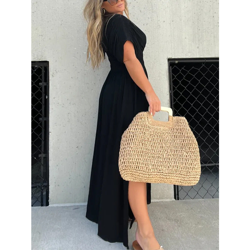Fashion Bat-sleeved V-neck Slit Dress Summer Short Sleeve Elastic Waist Long Dresses Womens Clothing