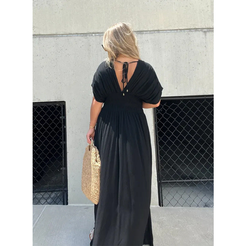 Fashion Bat-sleeved V-neck Slit Dress Summer Short Sleeve Elastic Waist Long Dresses Womens Clothing