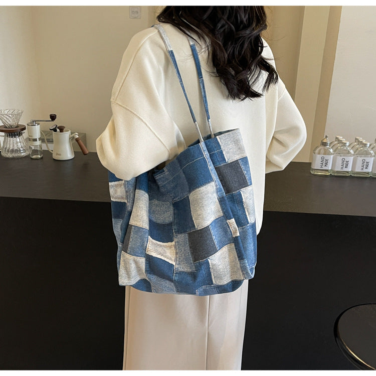Women's Large Capacity Denim Color-contrast Check Idle Style Shoulder Commute Leisure Handbag Versatile Tote Bag