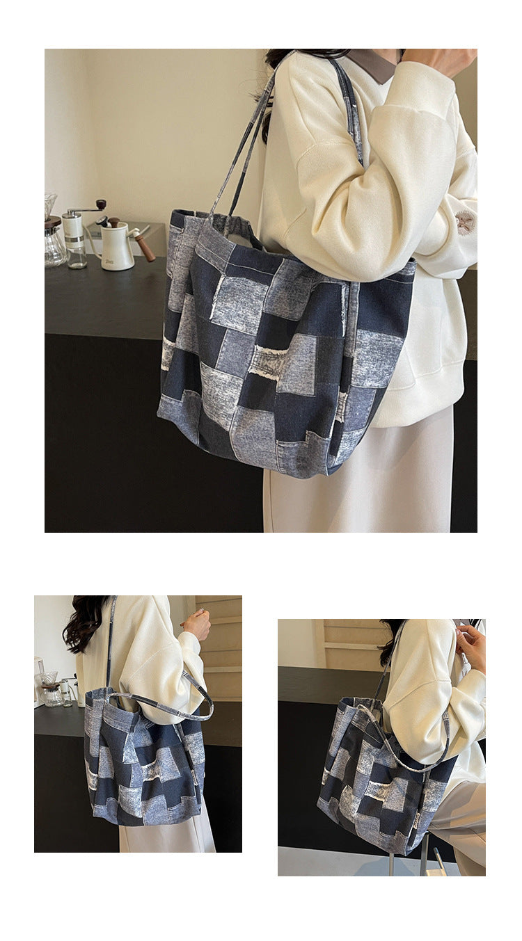 Women's Large Capacity Denim Color-contrast Check Idle Style Shoulder Commute Leisure Handbag Versatile Tote Bag