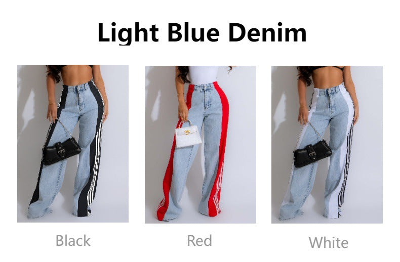 Fashion Casual High Waist Elastic Straight Leg Trousers Three Stripe Patchwork Denim Wide Leg Pants Streetwear