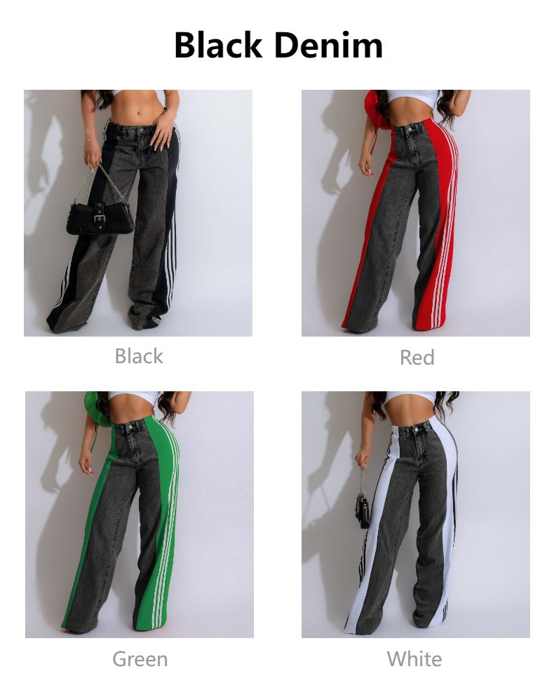 Fashion Casual High Waist Elastic Straight Leg Trousers Three Stripe Patchwork Denim Wide Leg Pants Streetwear