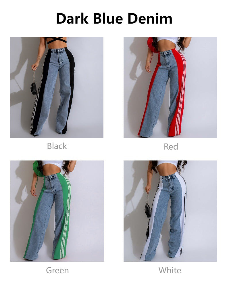 Fashion Casual High Waist Elastic Straight Leg Trousers Three Stripe Patchwork Denim Wide Leg Pants Streetwear