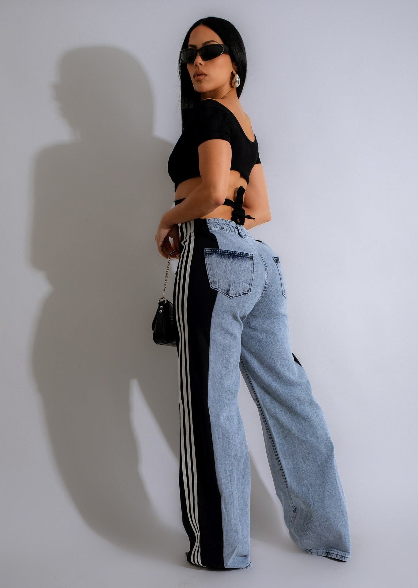 Fashion Casual High Waist Elastic Straight Leg Trousers Three Stripe Patchwork Denim Wide Leg Pants Streetwear