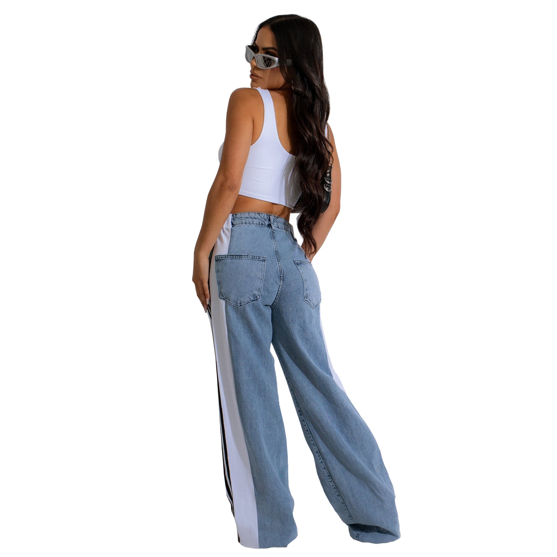 Fashion Casual High Waist Elastic Straight Leg Trousers Three Stripe Patchwork Denim Wide Leg Pants Streetwear
