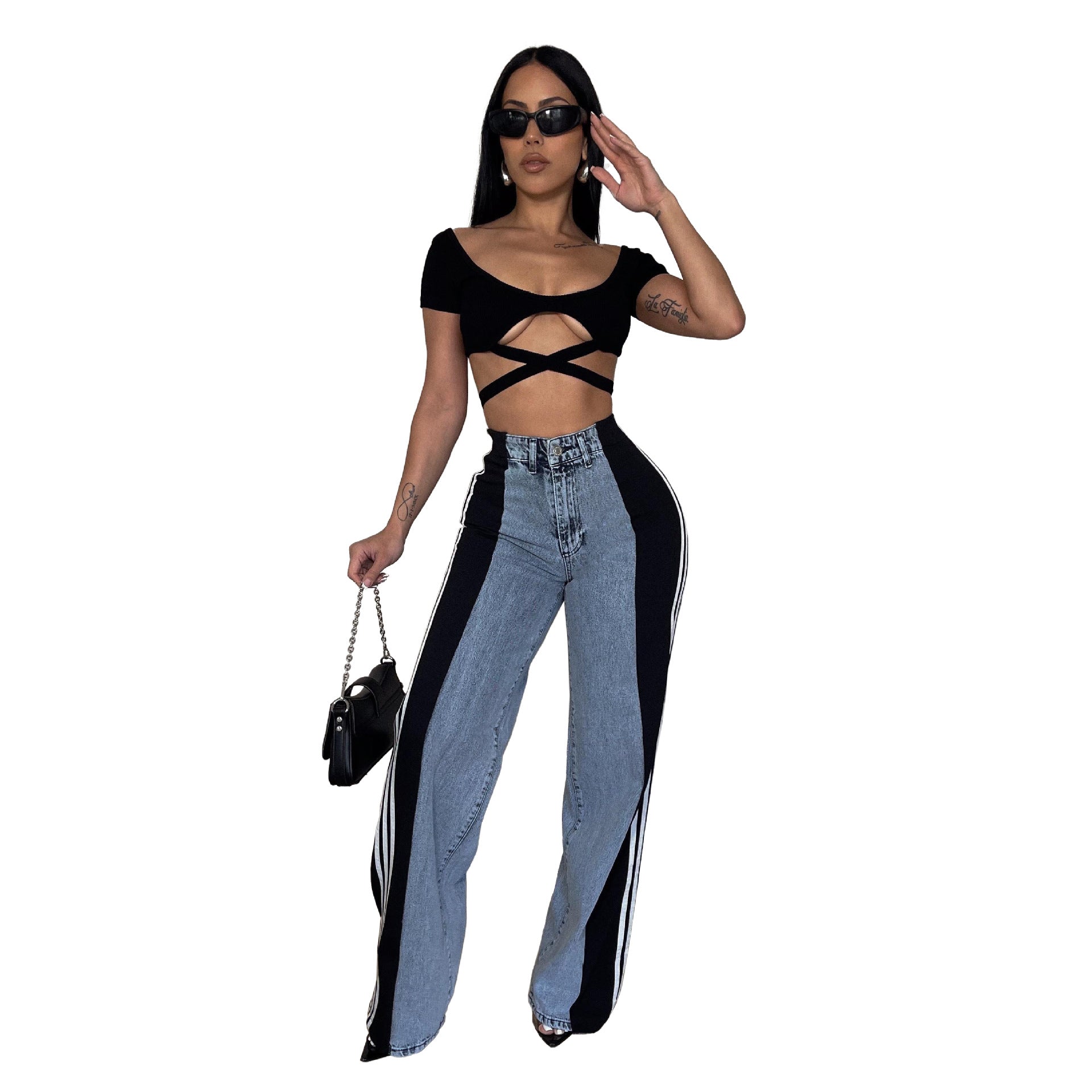 Fashion Casual High Waist Elastic Straight Leg Trousers Three Stripe Patchwork Denim Wide Leg Pants Streetwear