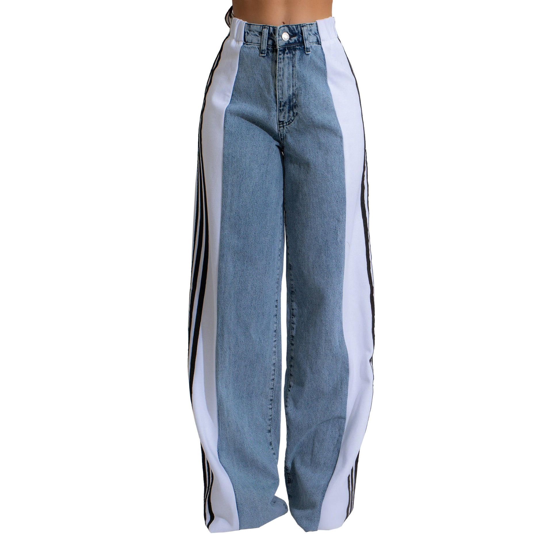 Fashion Casual High Waist Elastic Straight Leg Trousers Three Stripe Patchwork Denim Wide Leg Pants Streetwear