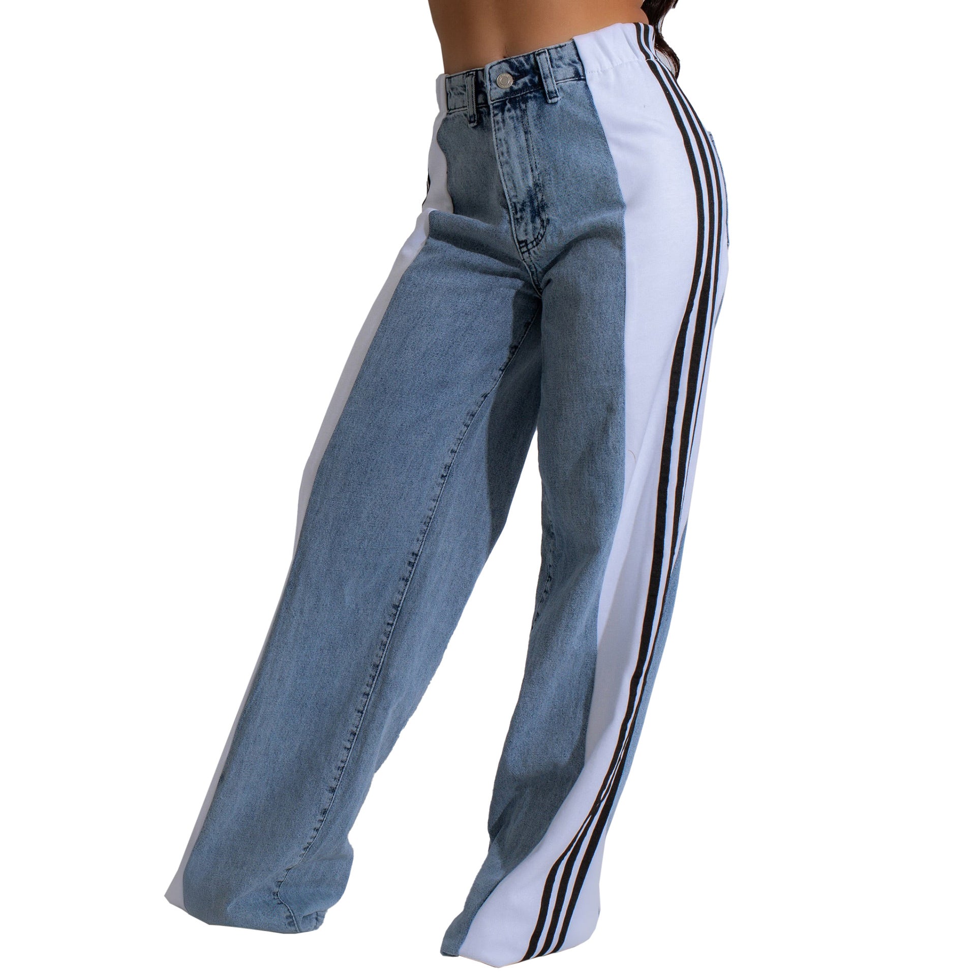 Fashion Casual High Waist Elastic Straight Leg Trousers Three Stripe Patchwork Denim Wide Leg Pants Streetwear