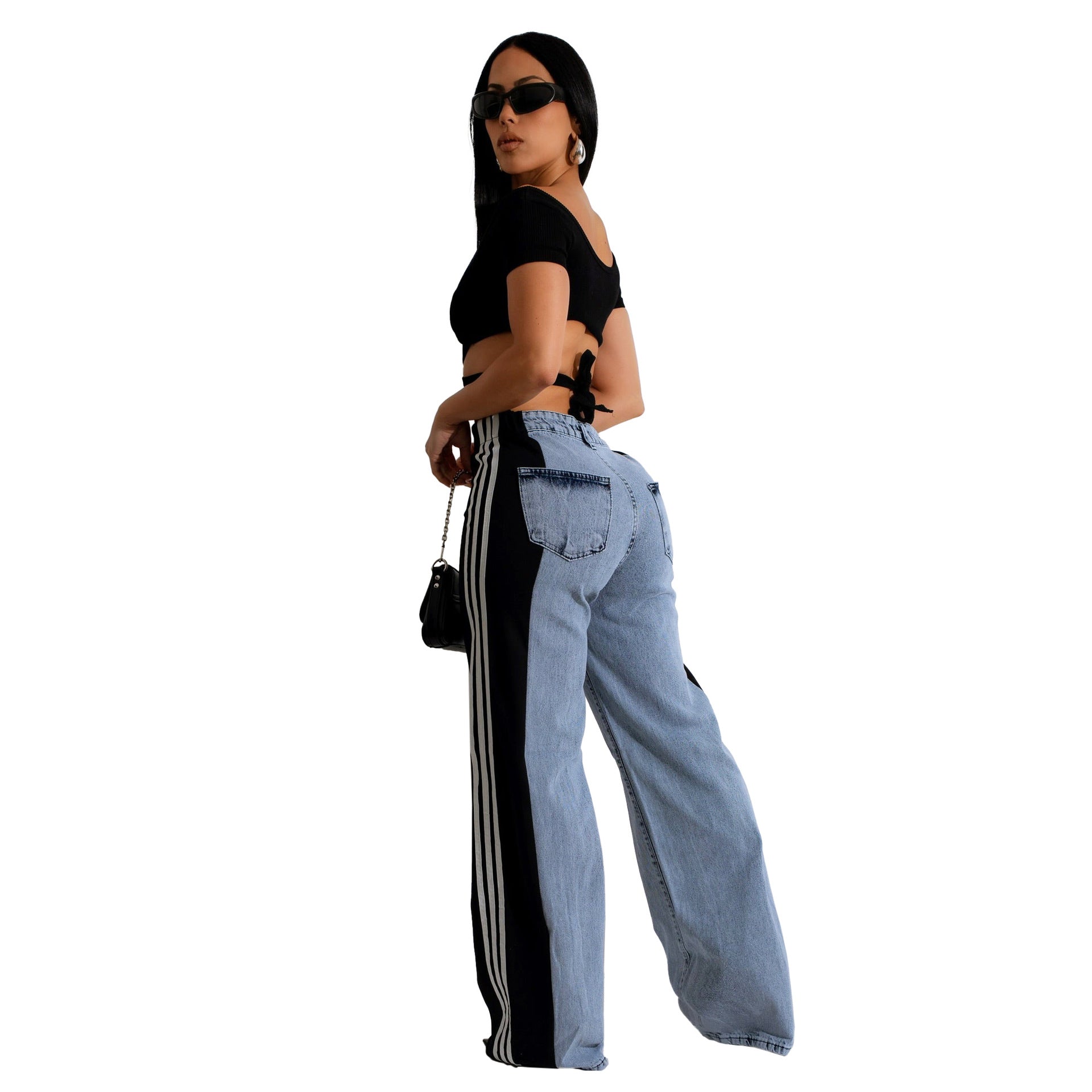 Fashion Casual High Waist Elastic Straight Leg Trousers Three Stripe Patchwork Denim Wide Leg Pants Streetwear