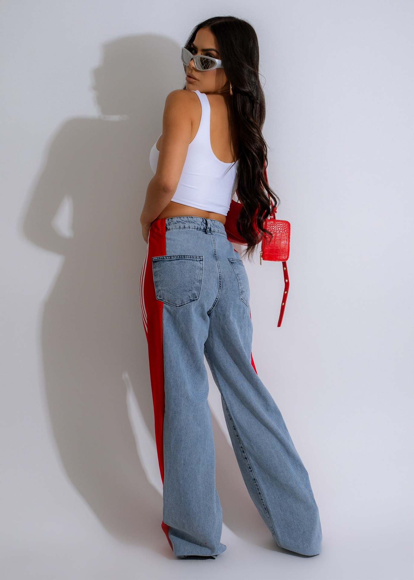 Fashion Casual High Waist Elastic Straight Leg Trousers Three Stripe Patchwork Denim Wide Leg Pants Streetwear