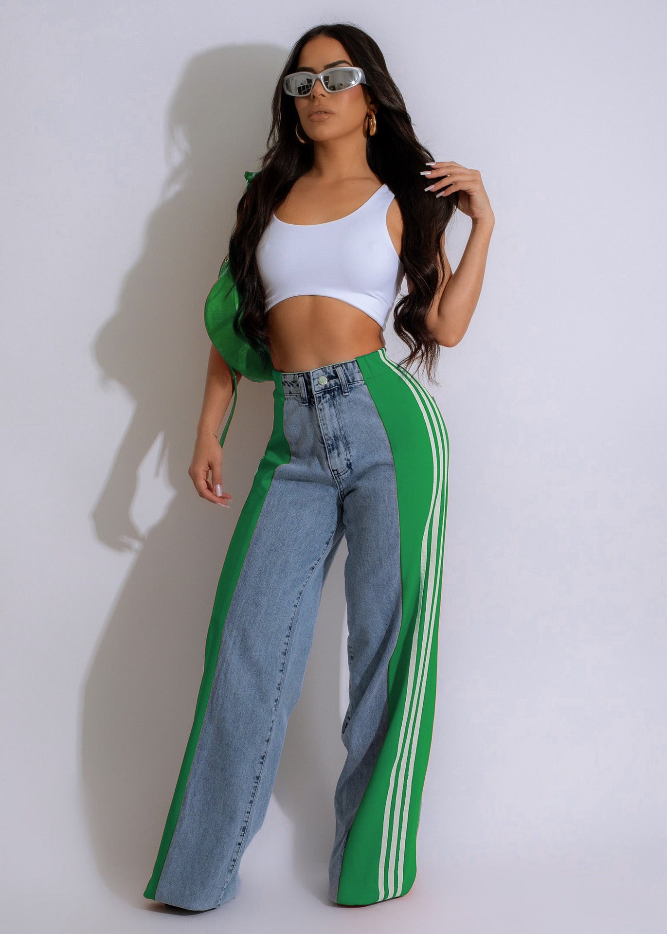 Fashion Casual High Waist Elastic Straight Leg Trousers Three Stripe Patchwork Denim Wide Leg Pants Streetwear