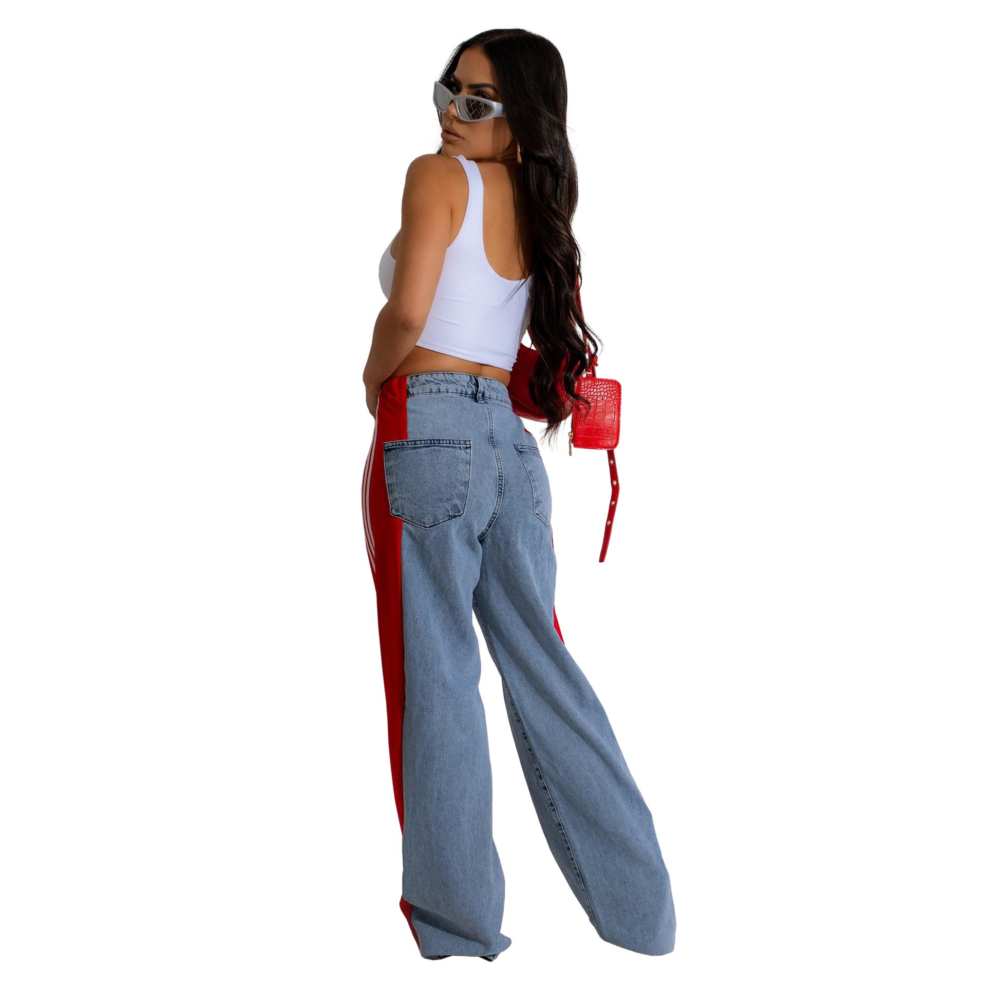 Fashion Casual High Waist Elastic Straight Leg Trousers Three Stripe Patchwork Denim Wide Leg Pants Streetwear