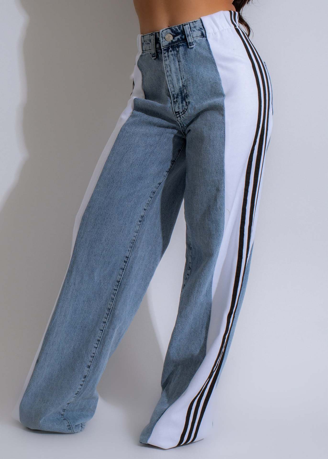 Fashion Casual High Waist Elastic Straight Leg Trousers Three Stripe Patchwork Denim Wide Leg Pants Streetwear