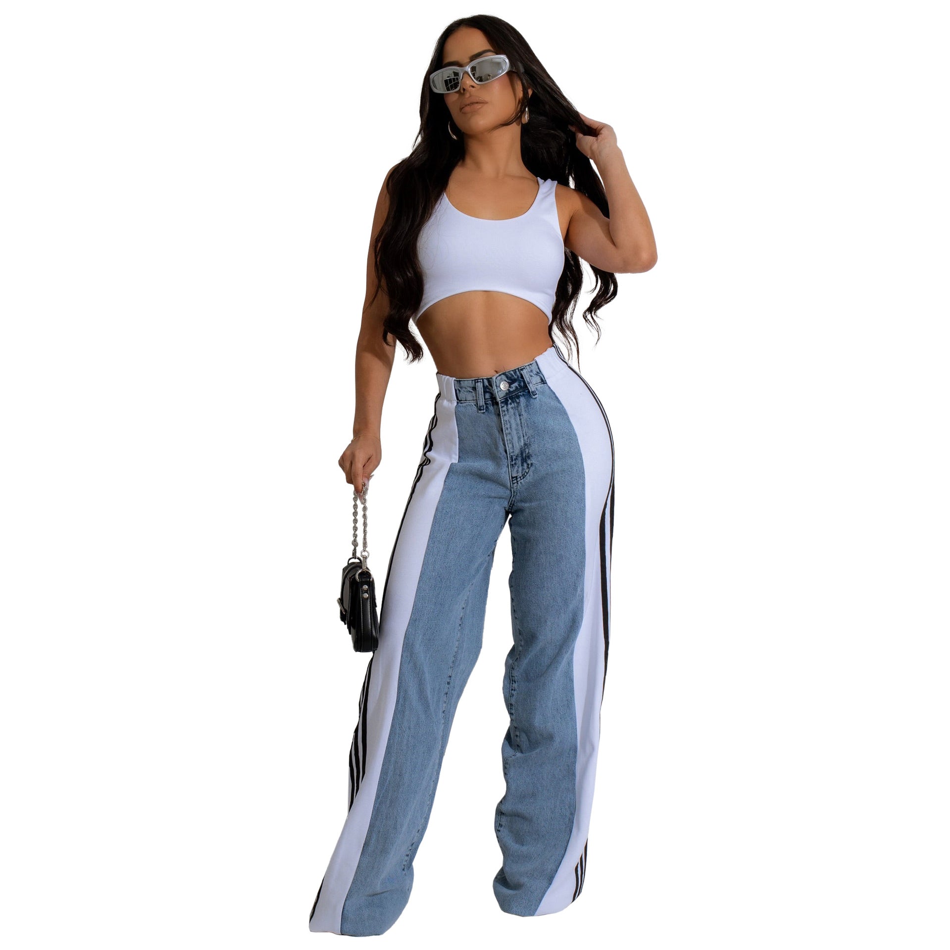 Fashion Casual High Waist Elastic Straight Leg Trousers Three Stripe Patchwork Denim Wide Leg Pants Streetwear