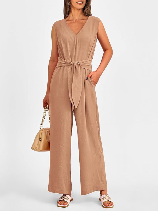 New V-neck Sleeveless Long Jumpsuit With Pockets And Lace-up Design Wide-leg Straight Trousers Summer Womens Clothing