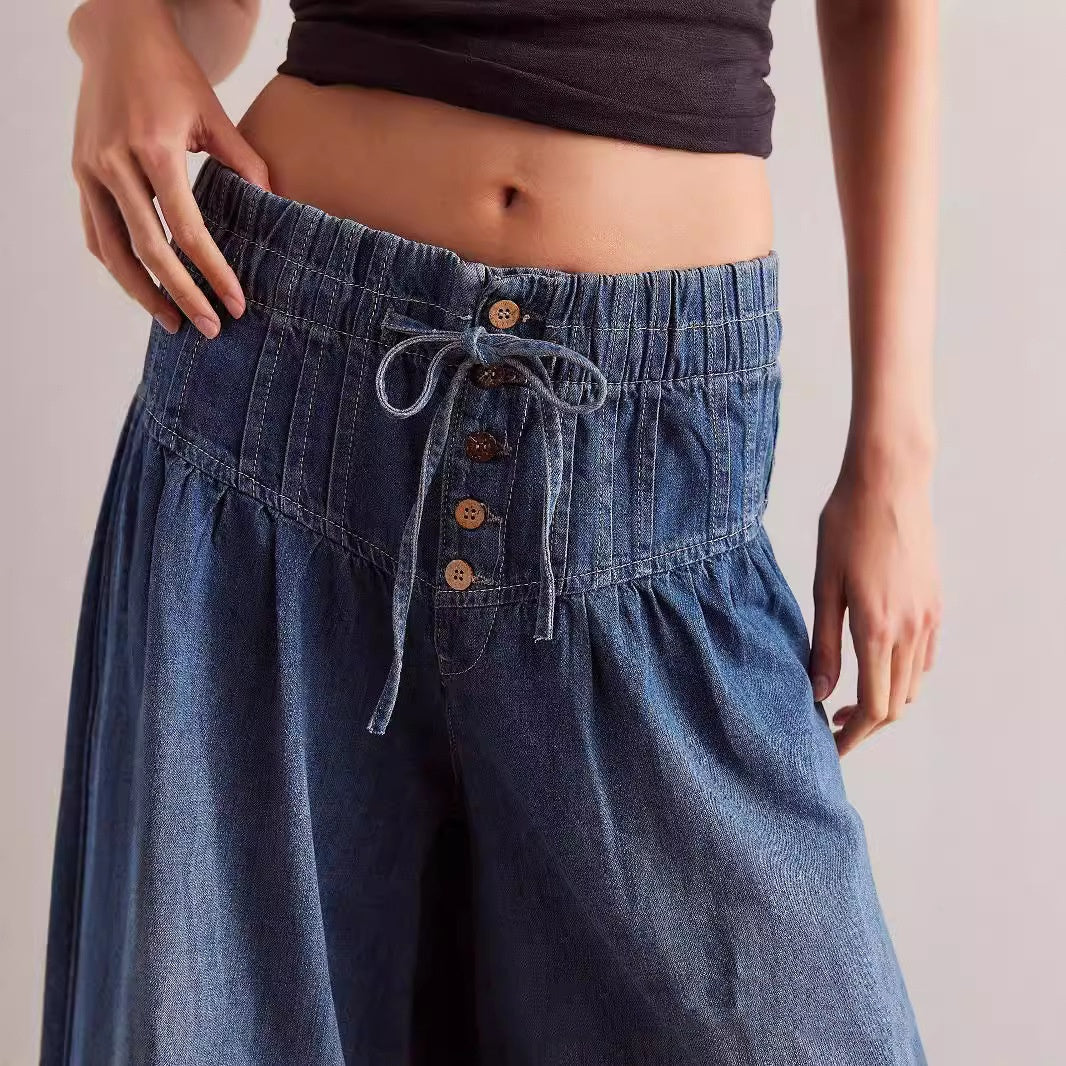 Womens Pleated Mid-Waist Lace-Up Loose Wide-Leg Denim Jeans