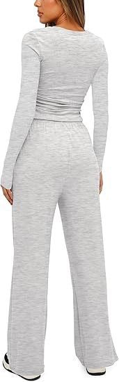 2 Pieces Women's Suit Autumn Winte Long Sleeve Tops High Waisted Wide Leg Pants Sportswear Female Clothes Solid Color Casual Suit