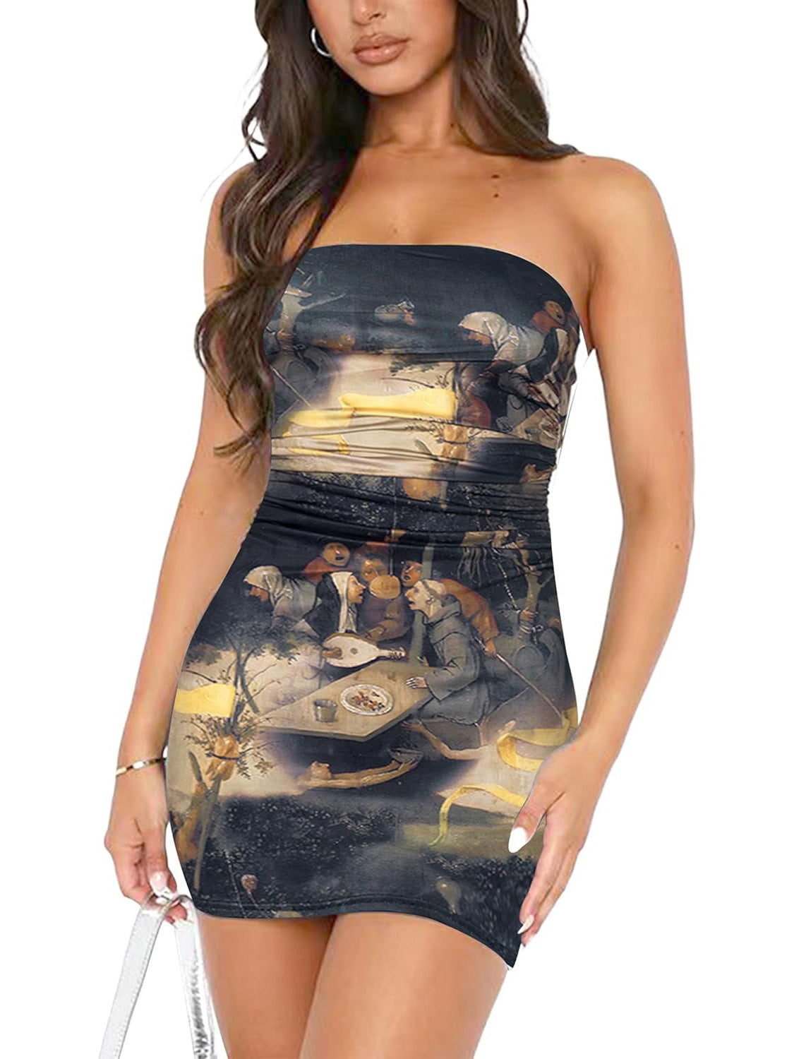 Tube Top Printed Pleated Pullover Hip Wrap Short Dress