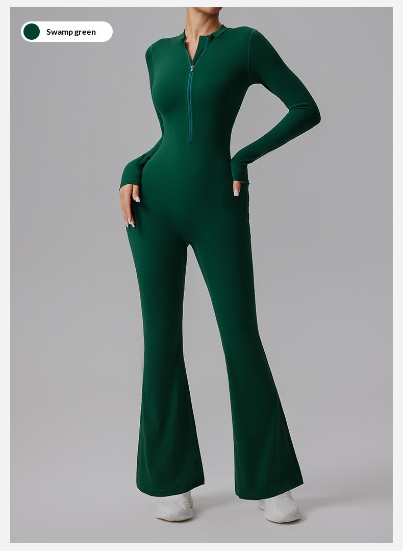Slim-fit Bare-feel Long-sleeve Yoga Jumpsuit With A Zipper