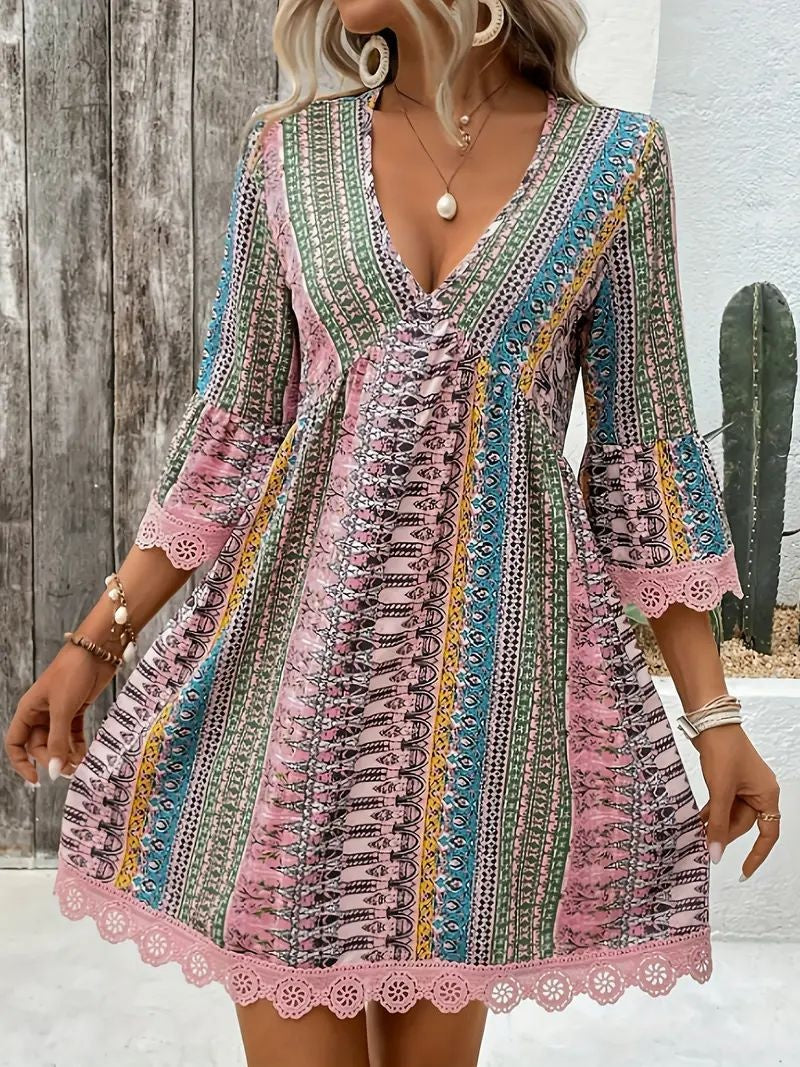 Bohemian Style V-neck Printed Dress Fashion Casual Loose Beach Dresses For Women
