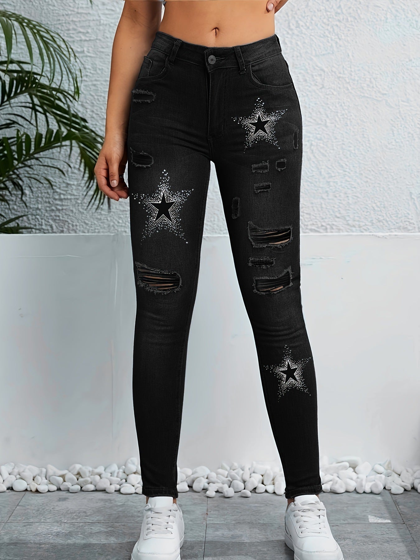 Stylish Ripped Distressed Color-blocked Versatile Star-print Skinny Denim Jeans