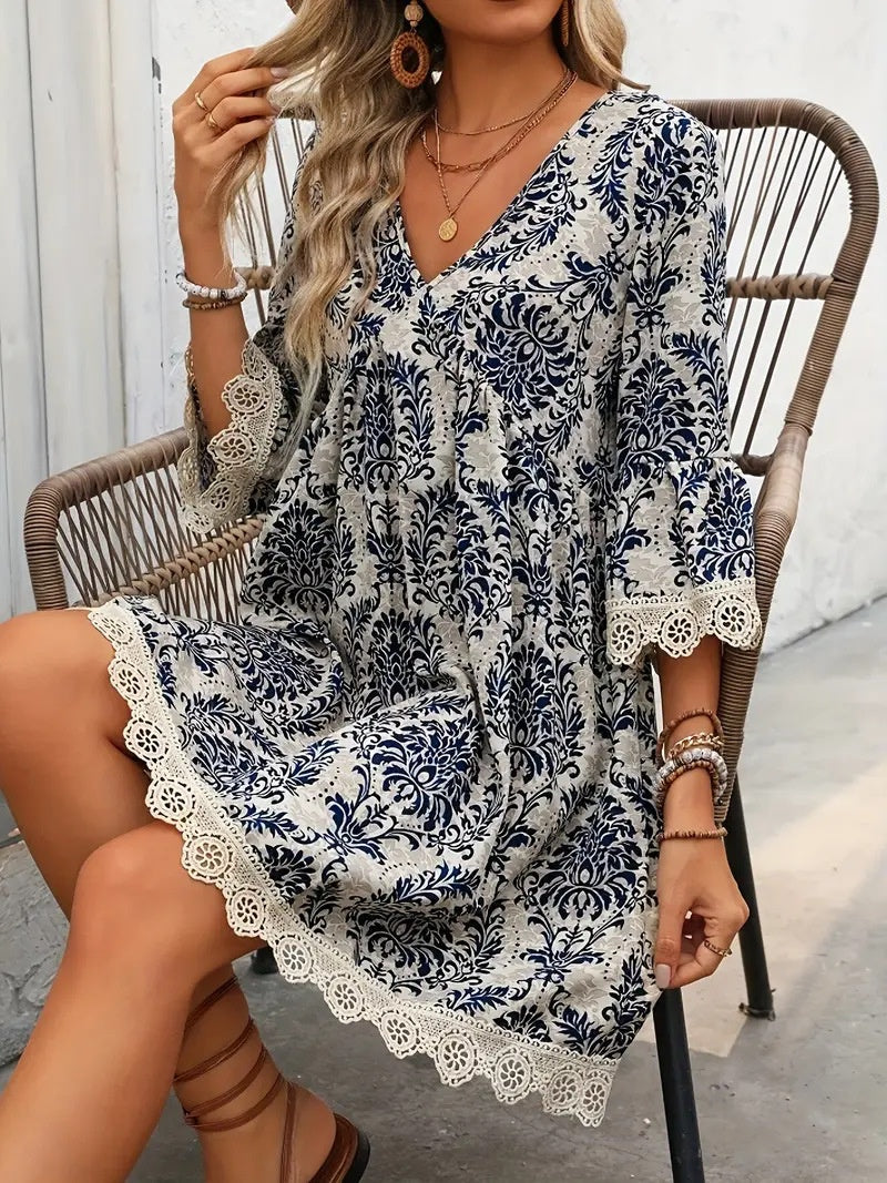 Bohemian Style V-neck Printed Dress Fashion Casual Loose Beach Dresses For Women