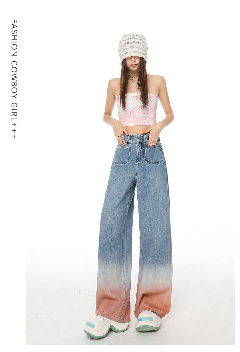 Gradient Color High Waist Wide Leg Jeans For Women Loose-fitting Mopping Pants