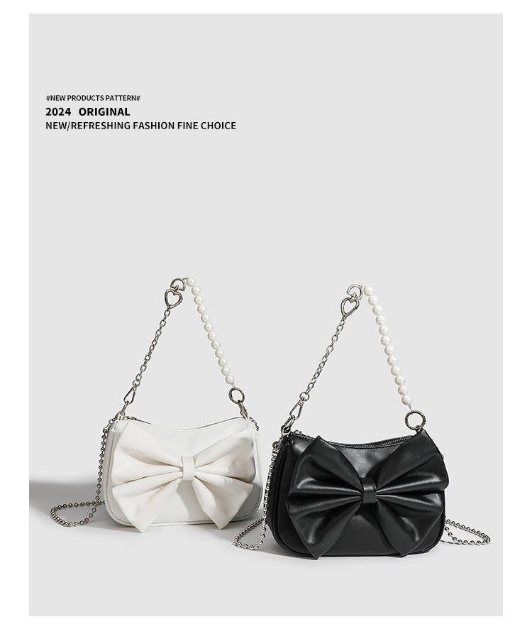 Black White PU Bow Handbags Autumn Winter Ladies Underarm Tote Bags Fashion Simple Pearl Chain Shoulder Bag Small Purse