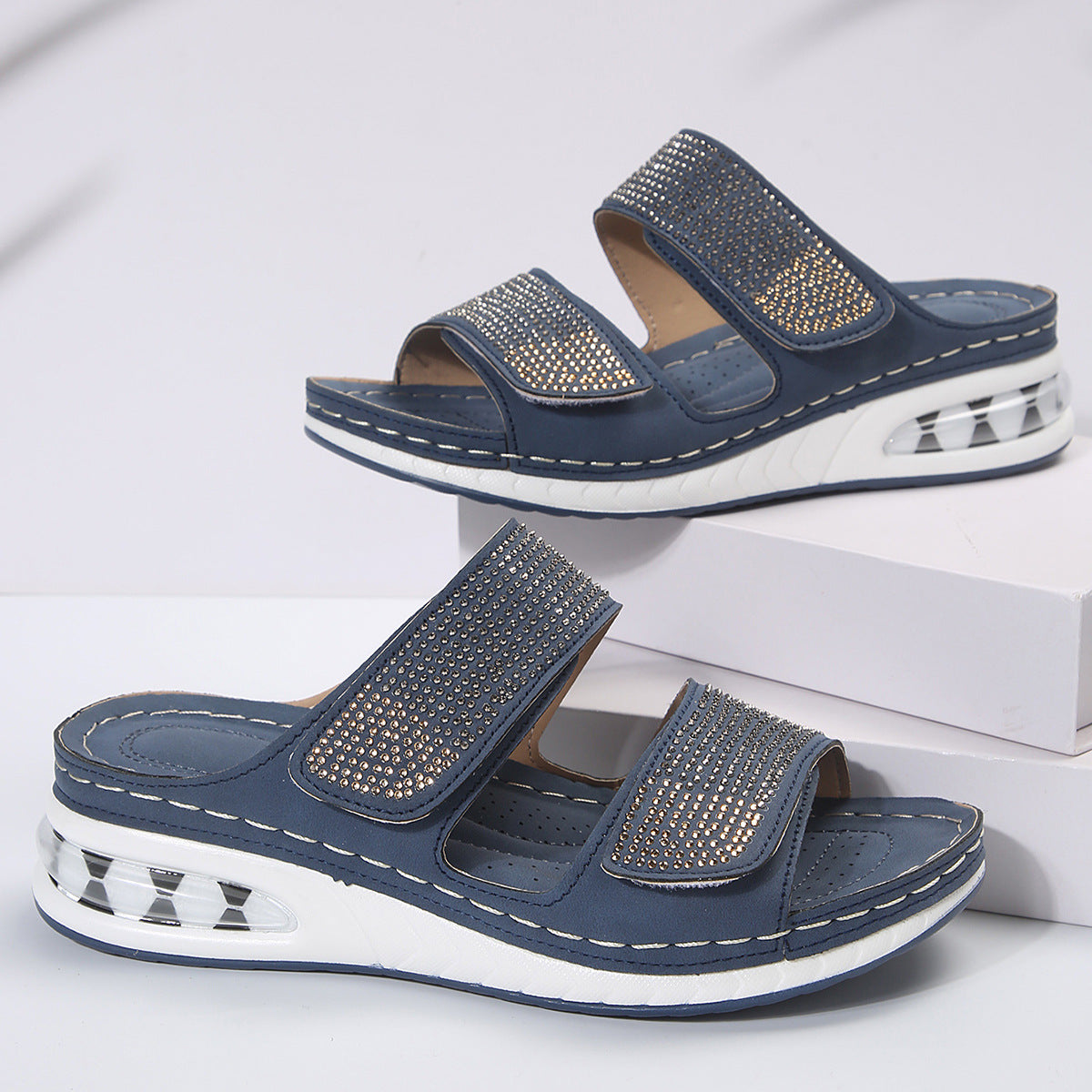 New Air Cushion Wedges Sandals Summer Casual Rhinestone Slides Roman Sandals For Women Non-slip Beach Shoes