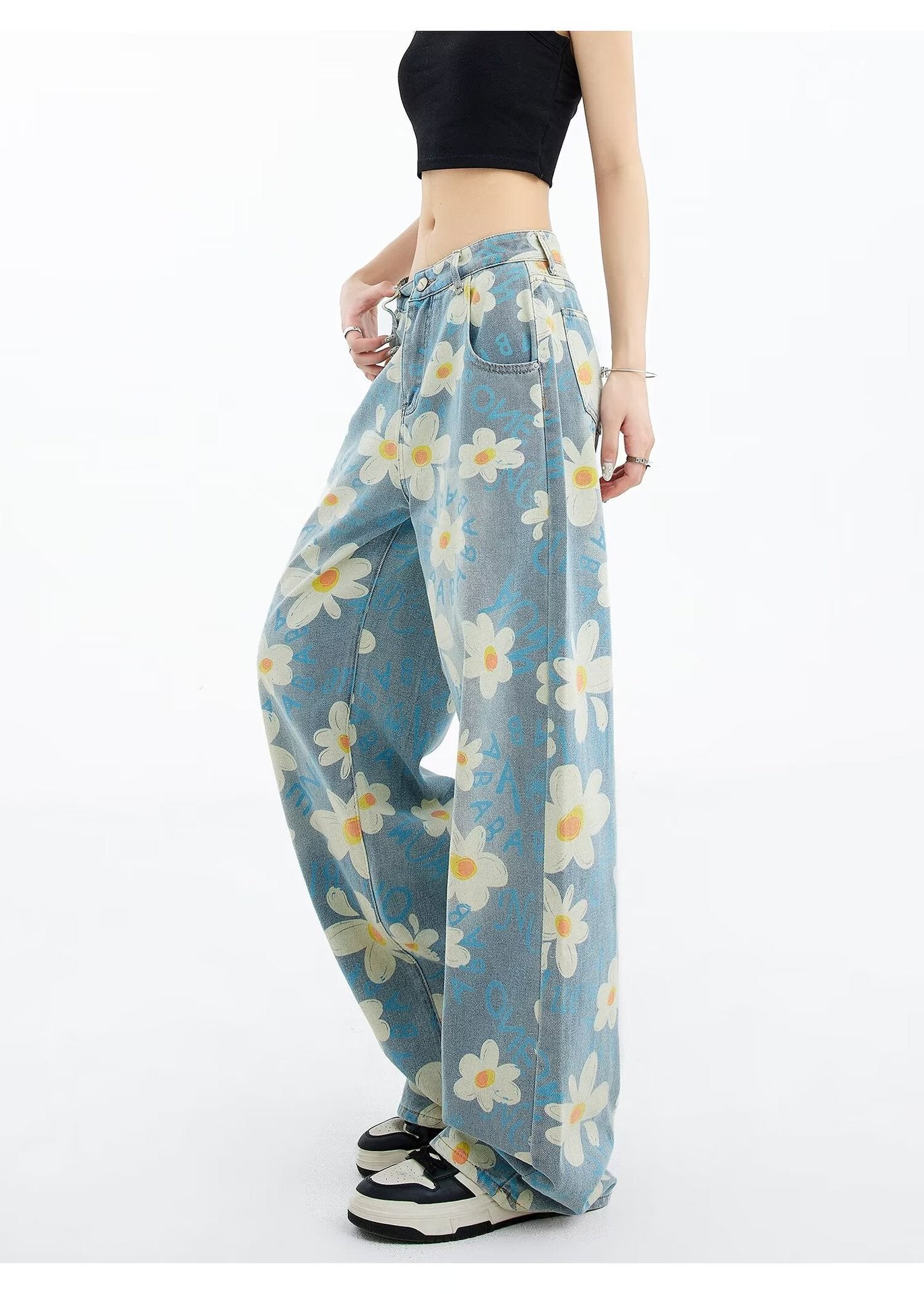 New Summer Printed Floral Wide-leg Washed Jeans For Women
