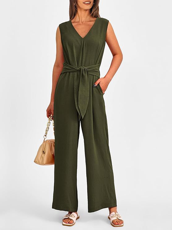 New V-neck Sleeveless Long Jumpsuit With Pockets And Lace-up Design Wide-leg Straight Trousers Summer Womens Clothing