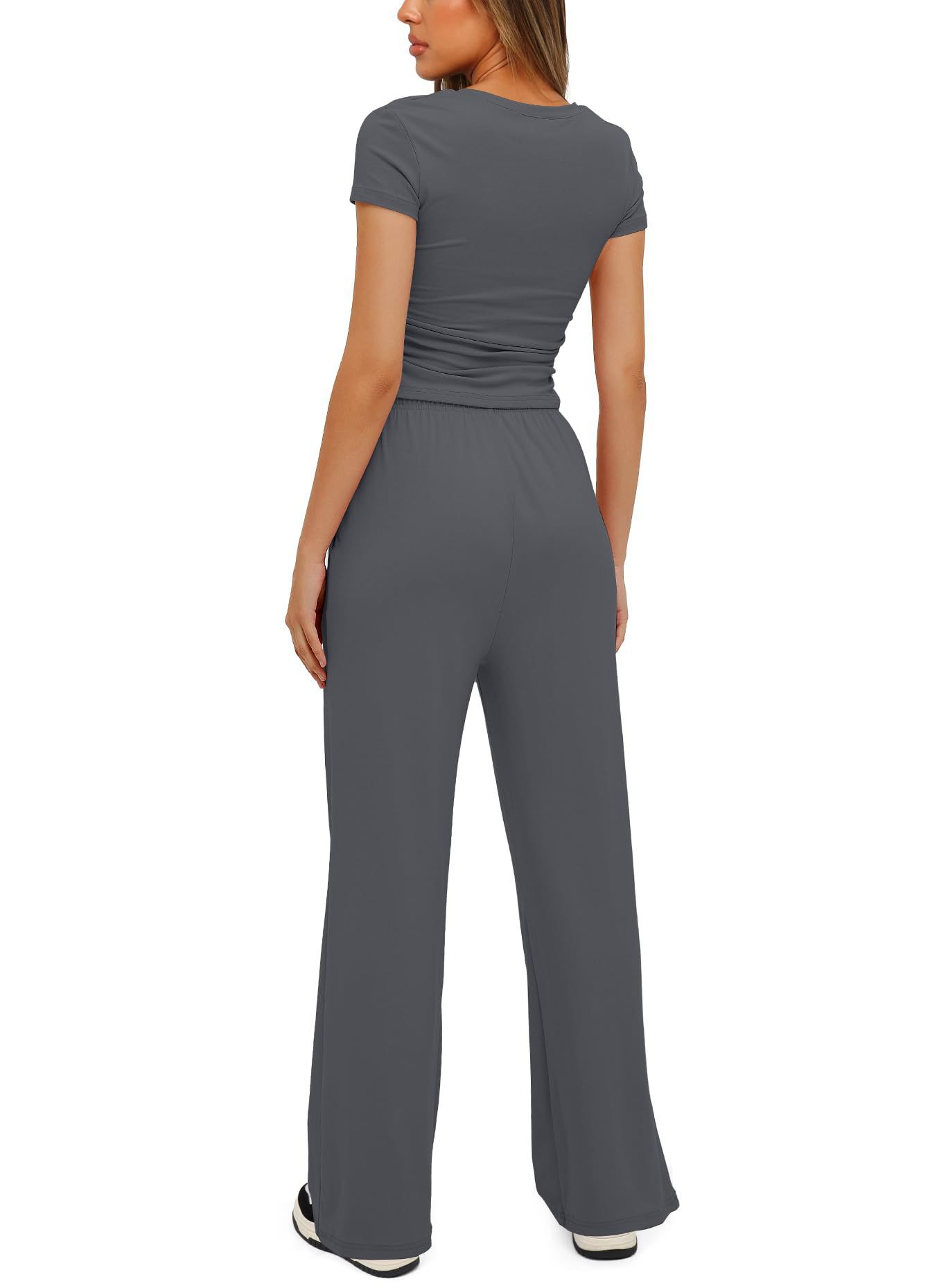 2pcs Solid Color Casual Sports Yoga Suit Short-sleeved Top And High-waisted Drawstring Wide-leg Pants Summer Fashion Set For Womens Clothing