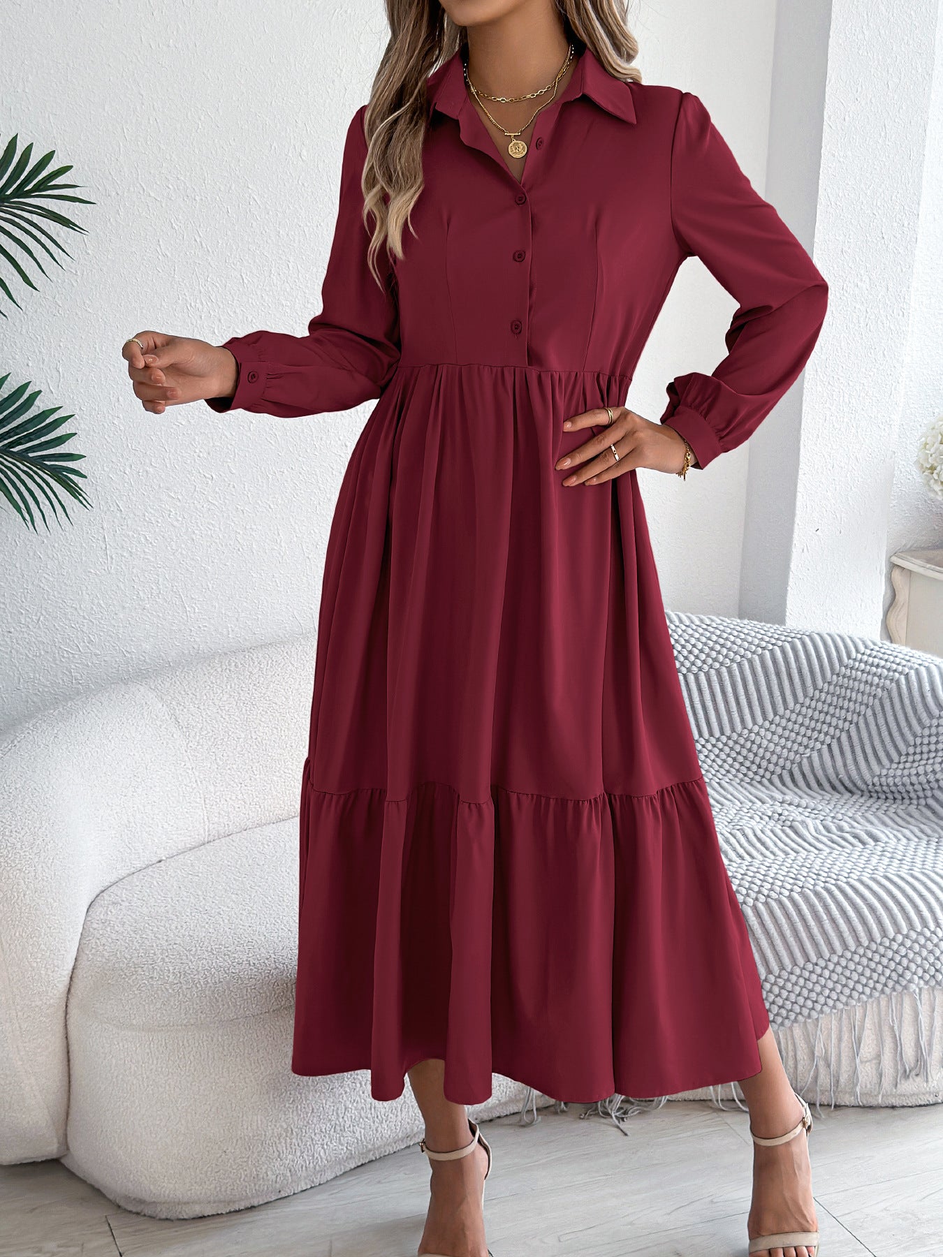 Women's Lapel Casual Loose Long Sleeve Ruffled Shirt Dresses Long Sleeved Turn-down Collar Single-Breasted Dress Spring Autumn Fashion Women's Clothing For Vacation