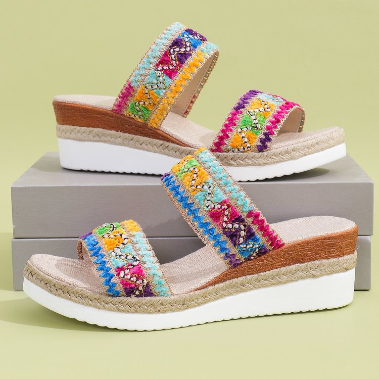 Fashion Wavy Pattern Woven Sandals Summer Casual Ethnic Style Slippers Linen Bottom Wide Strap Wedges Shoes For Women