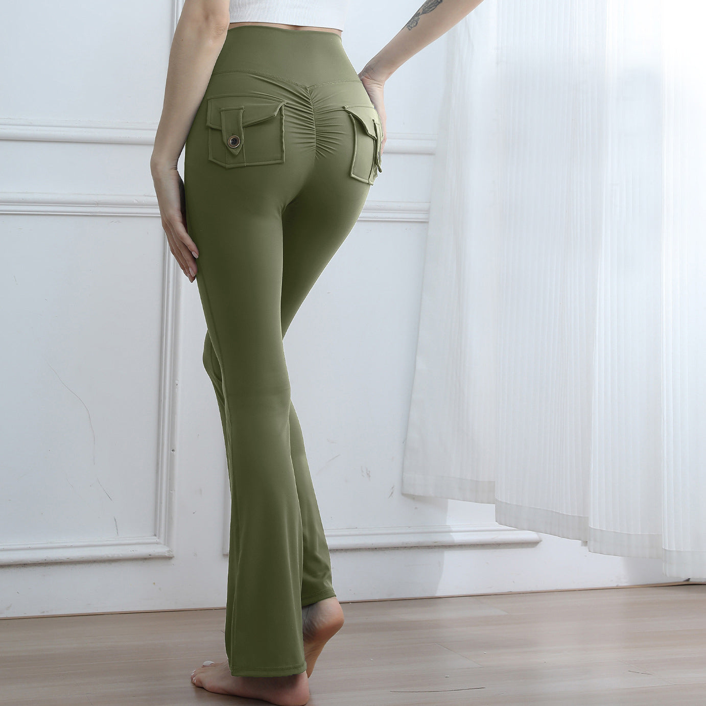 Yoga Fitness Flared Pants With Pockets Ins Fashion Slim High Waist Sports Trousers Scrunch Butt Booty Workout Lifting Leggings