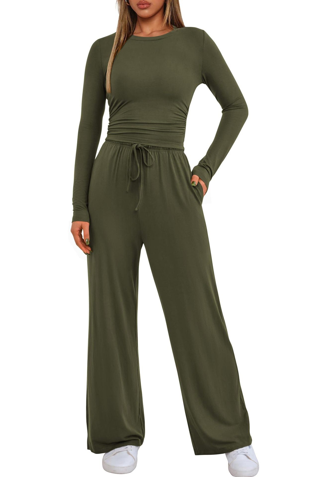 2 Pieces Women's Suit Autumn Winte Long Sleeve Tops High Waisted Wide Leg Pants Sportswear Female Clothes Solid Color Casual Suit