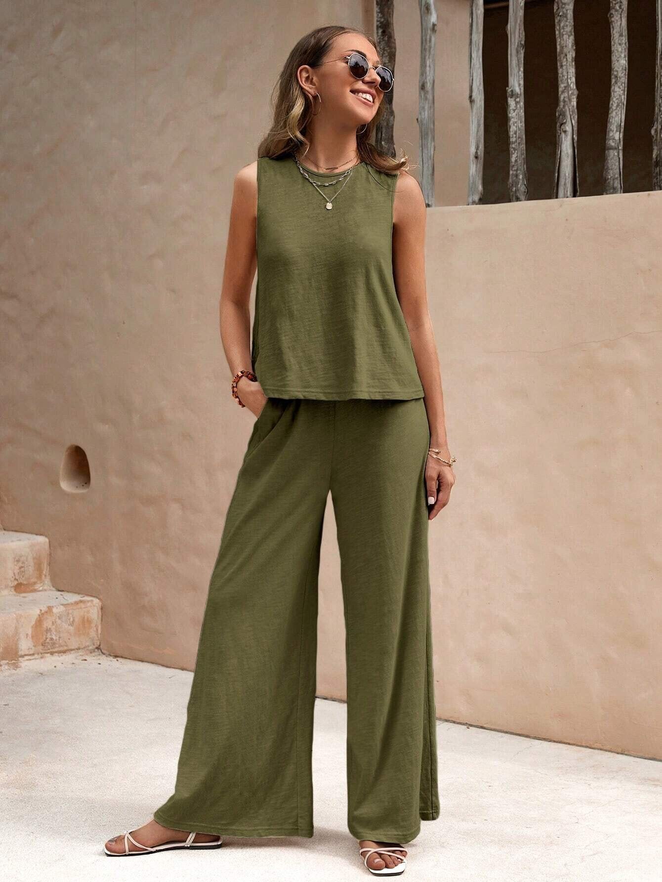 Solid Color Casual Loose Pants Sets For Women Elegant Spring Summer Women's Two Pieces Suit Full Trouser Set Female Outfit Clothes