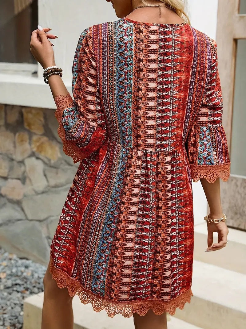 Bohemian Style V-neck Printed Dress Fashion Casual Loose Beach Dresses For Women